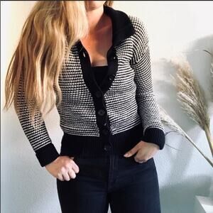 BANANA REPUBLIC Black White Chunky Knit Button Front Wool Cardigan Sweater XS